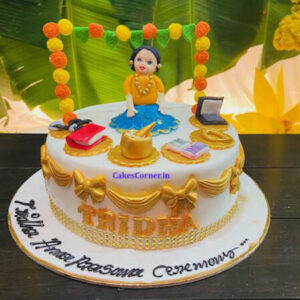White and Gold Annaprasana Cake For Baby Girl