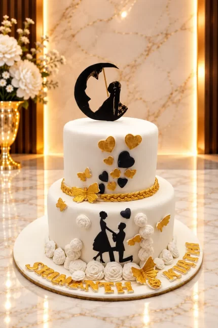 Elegant Gold-Accented Engagement Cake