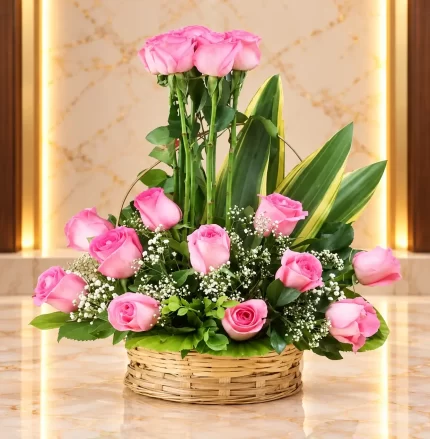 Elegant Pink Rose Basket Arrangement